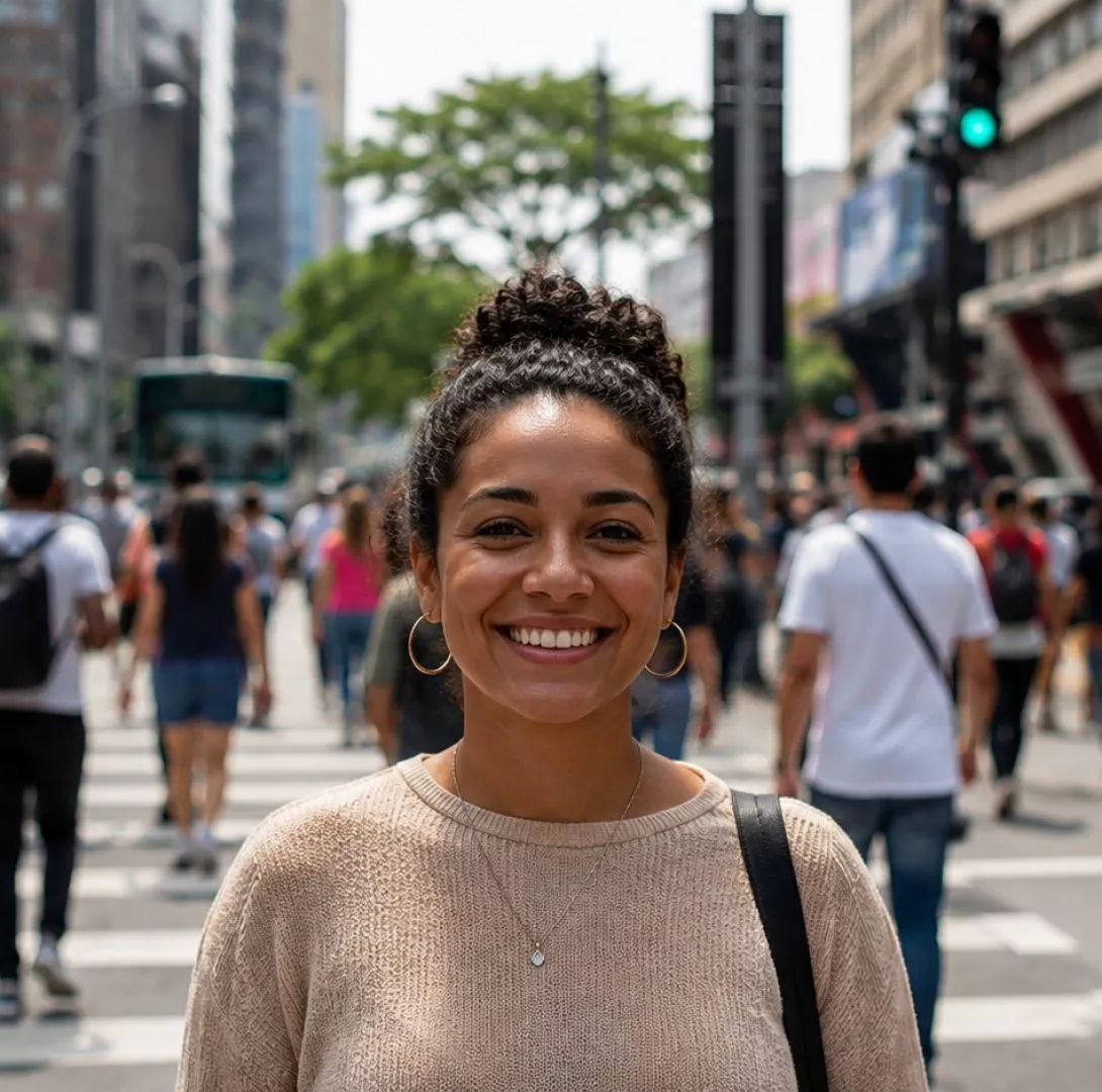 Mulher sorrindo em uma rua movimentada de São Paulo