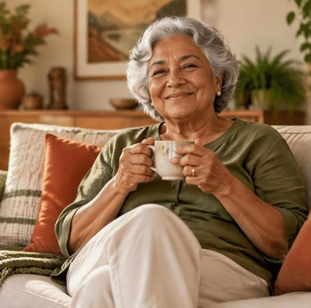 Senhora sorrindo com xícara
